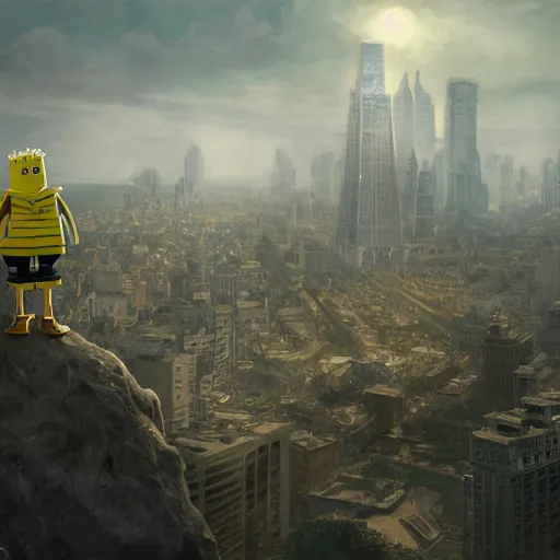 Image similar to enormous spongebob looming above a city, seen from a distance, volumetric lighting, 8 k octane beautifully detailed render, post - processing, extremely hyper - detailed, intricate, epic composition, cinematic lighting, masterpiece, trending on artstation, masterpiece, stunning art by anders zorn, wonderful masterpiece by greg rutkowski, beautiful cinematic