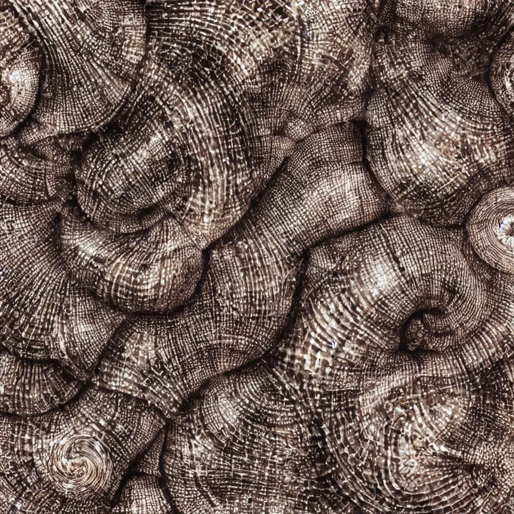 Image similar to macro of geometric complex sea snail by ernst haeckel, closeup, fractal filigram, realistic cinema 4 d render, beach sand background, clear focus, very coherent, very detailed