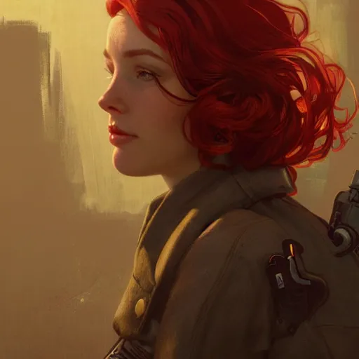 Prompt: Half portrait of a young woman with red hair as a character in Fallout 4 walking in Boston City, gorgeous, beautiful, intricate, highly detailed, digital painting, artstation, oppressive lighting, concept art, sharp focus, illustration, art by greg rutkowski and alphonse mucha