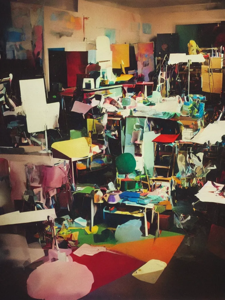 Prompt: dramatic scene shallow depth of field medium shot uncanny surreal photograph of a colorful intimate art studio in 1 9 9 5 titled'loud to see reveals their drive ', photographed by william eggleston and ken price and man ray, grainy shocking detail trending on artstation 8 k