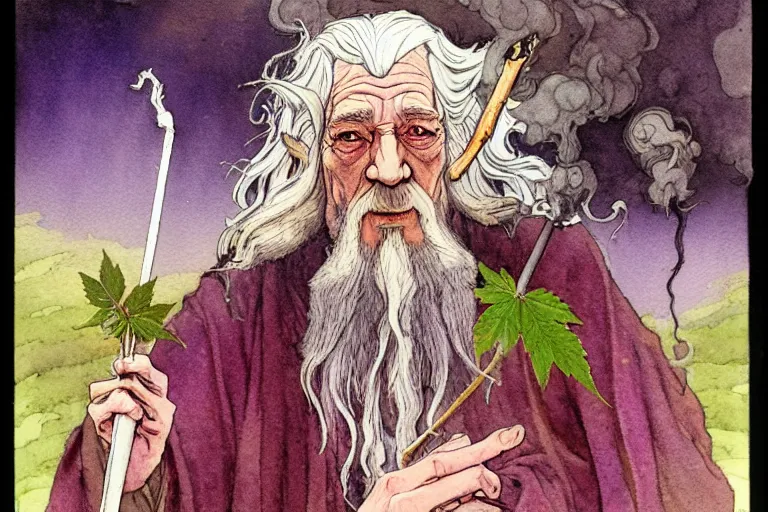 Image similar to a realistic and atmospheric watercolour fantasy character concept art portrait of gandalf with pink eyes lying on his back looking happy and confused and smoking weed out of his pipe with a pot leaf nearby, by rebecca guay, michael kaluta, charles vess and jean moebius giraud