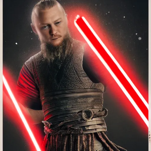 Image similar to Ragnar Lothbrok wielding a red lightsaber, by Lionel Royer, trending on artstation 4k.