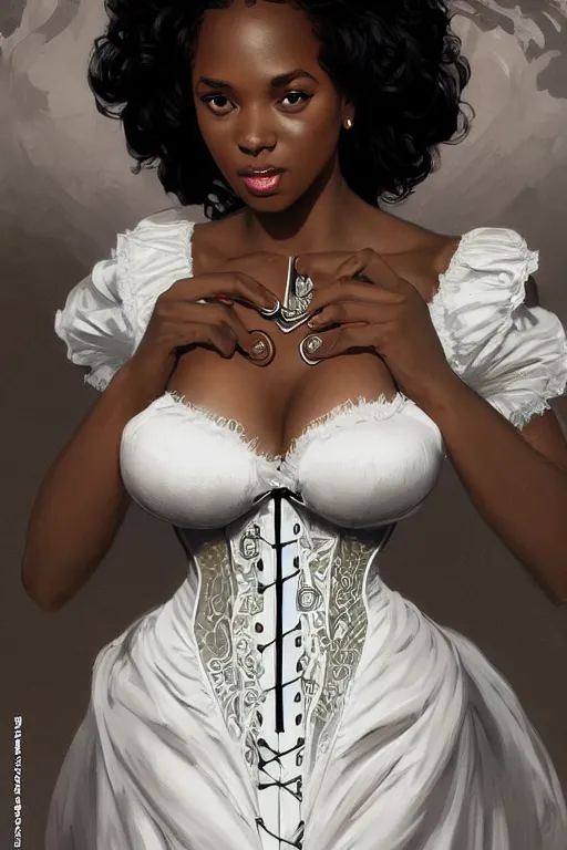 Prompt: cute black woman wearing a white corset dress, fantasy, intricate, highly detailed, digital painting, artstation, concept art, wallpaper, smooth, sharp focus, illustration, art by artgerm and greg rutkowski and alphonse mucha