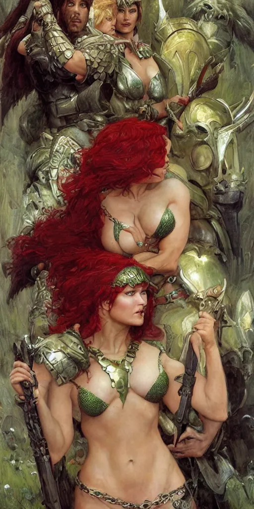 Prompt: epic masterpiece full body portrait, Red Sonja, followed by head with many screaming faces, beautiful faces and flawless skin, perfect hands, emeralds by Edgar Maxence and Ross Tran and Michael Whelan