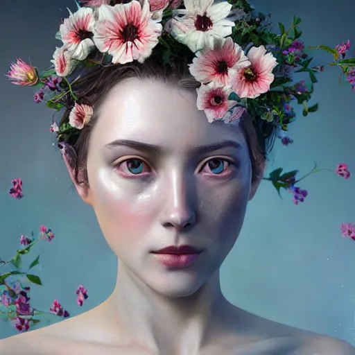 Prompt: hyperrealistic mixed media image of random magic of woman with flowers in eyes, stunning 3 d render inspired art by greg rutkowski and xiang duan and thomas eakes and audrey kawasaki, perfect facial symmetry, flesh texture, realistic, highly detailed attributes and atmosphere, dim volumetric cinematic lighting, 8 k octane detailed render, post - processing, masterpiece,