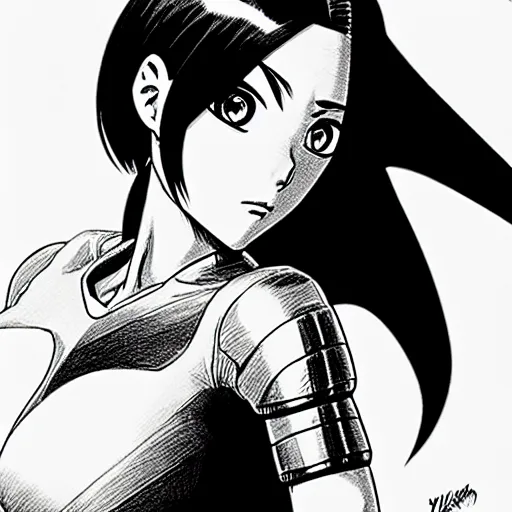 Image similar to alita by yukito kishiro. medium shot. black and white manga. pencil drawing.