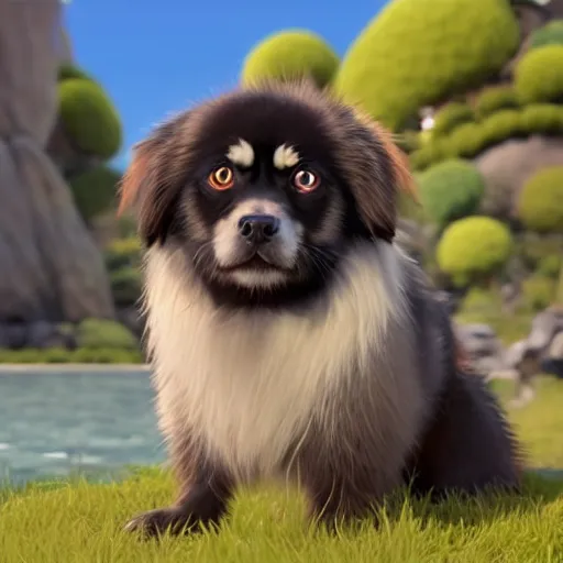 Prompt: a wholesome animation key shot of black tibetan spaniel, studio ghibli, pixar and disney animation, sharp, rendered in unreal engine 5, dramatic lighting