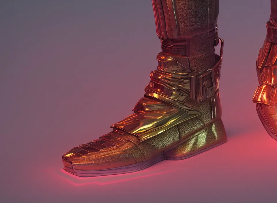 Prompt: realistic 3 d render of a cyberpunk android sneaker, beautiful studio lighting, soft, sharp focus, neon cyberpunk highlights, intricate detail, gold and red accents, soft rubber, octane render, side view, close up, trending on artstation, deviantart, moebius, lloyd wright, feng zhu