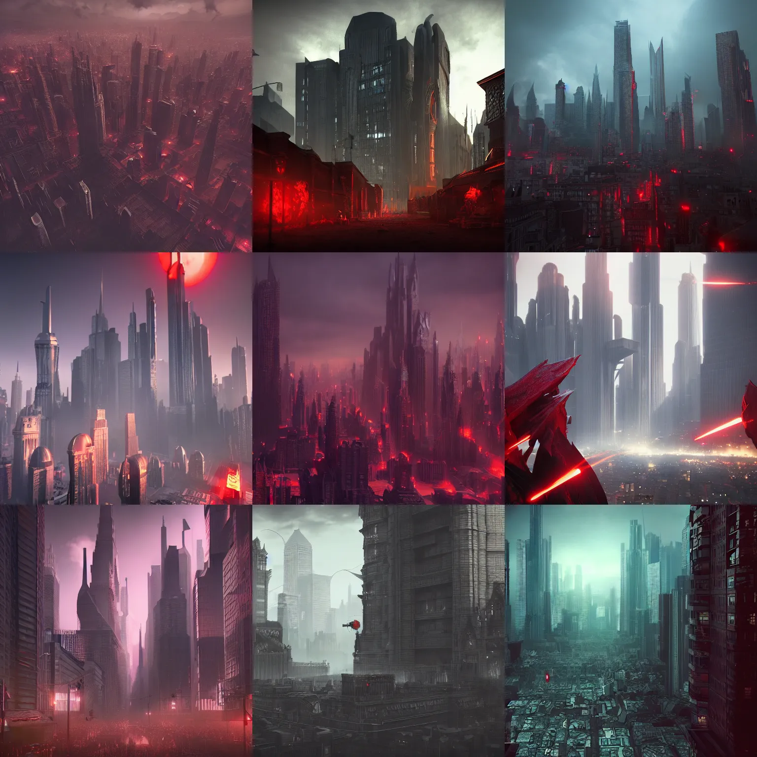 Prompt: big evil city, dark fantasy, shadows, artstation trending, octane render, red