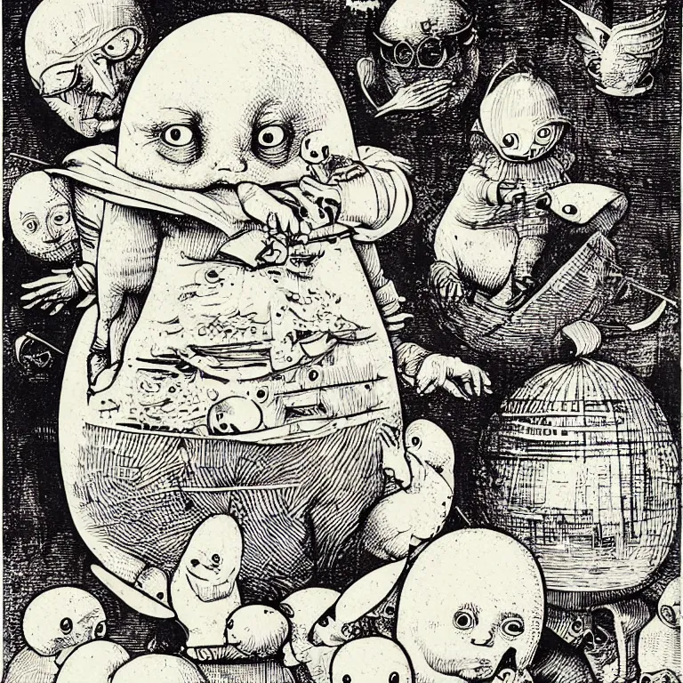 Image similar to vector graphic sticker design, humpty dumpty by hieronymus bosch, kim jung gi