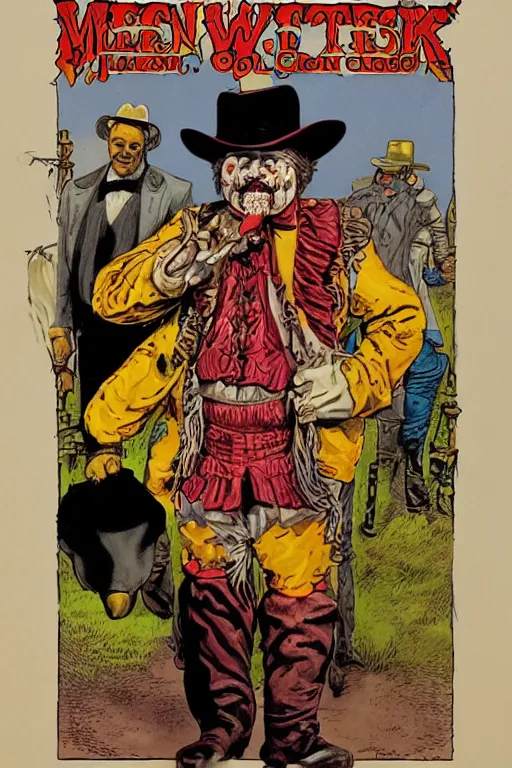 Image similar to vernon. Old west circus clown by James Gurney and Mœbius.