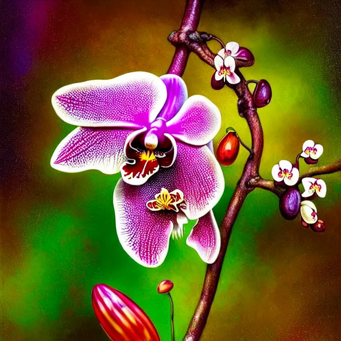 Image similar to extremely psychedelic macro orchid and cherry blossom and musroom, DoF, LSD, raindrops, specular highlights, diffuse lighting, fantasy, intricate, elegant, highly detailed, lifelike, photorealistic, digital painting, artstation, illustration, concept art, smooth, sharp focus, art by John Collier and Albert Aublet and Krenz Cushart and Artem Demura and Alphonse Mucha