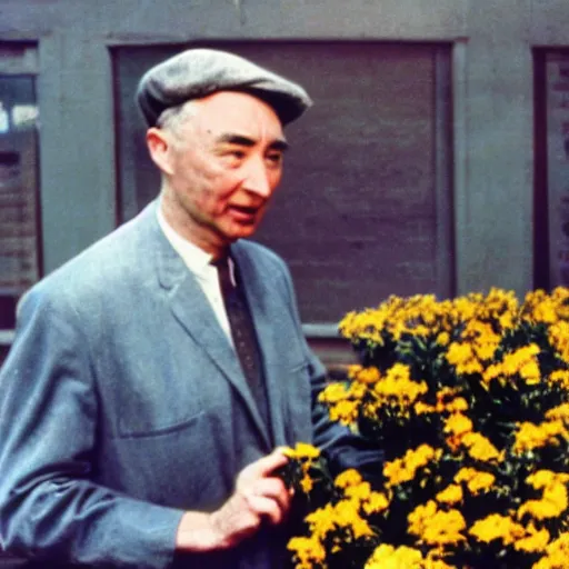 Image similar to color photo of robert oppenheimer selling flowers