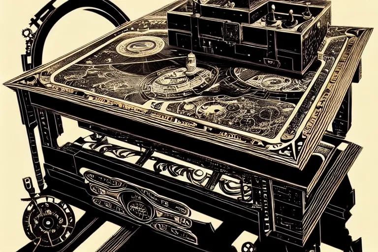 Prompt: majestic steampunk table, furniture, high details, bold line art, by vincent di fate and joe fenton, inking, etching, screen print, masterpiece, trending on artstation, sharp, high contrast, hyper - detailed,, hd, 4 k, 8 k