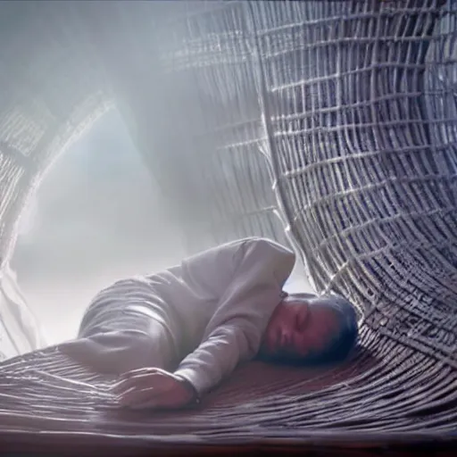 Image similar to a priest sleeping against a twisting wicker coffin, foggy, sun rays, cinematic shot, photo still from movie by denis villeneuve, wayne barlowe