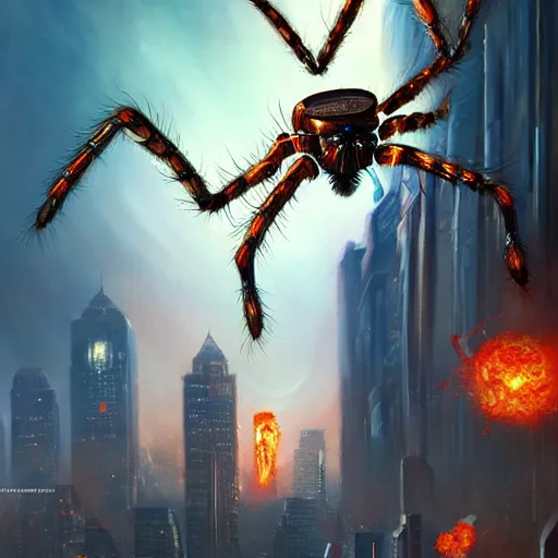 Image similar to beautiful oil painting with high detail of a mechanical spider attacking city and art direction by James Cameron ;by artgerm; wayne reynolds art station; cinematic quality character action render; ultra high quality model; production quality cinema model; flaming plasma aesthetic