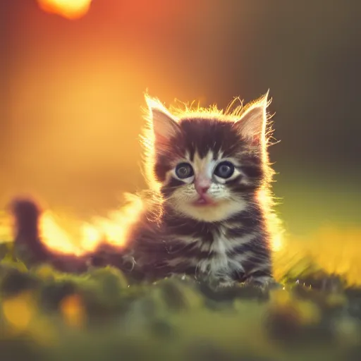 Image similar to an adorable smol fluffy kitten at golden hour, bokeh,