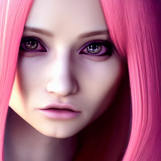 Image similar to A portrait of Nikki from Shining Nikki, a 3d cgi toon young woman with long pink hair, full bangs, amber eyes, full face, light makeup, pale skin, Chinese, medium shot, mid-shot, soft focus, 4k, trending on artstation
