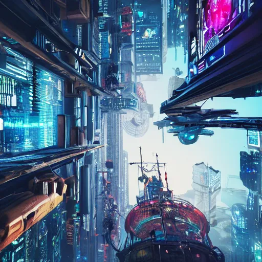 Prompt: a pirate in a cyberpunk city looking up, amazed, 4k, professional photography