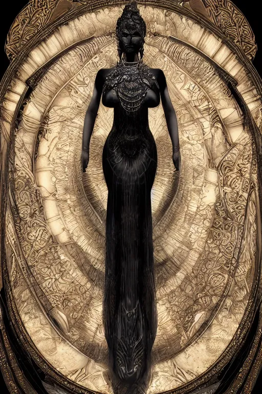 Image similar to a realistic dark photo of a beautiful ancient alien woman goddess kate moss nataraja shiva standing in iris van herpen dress jewelery and fractals in style of alphonse mucha art nuvo dmt trending on artstation made in unreal engine 4