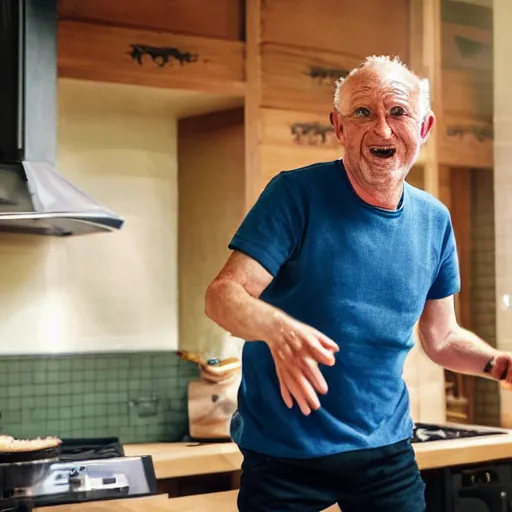 Image similar to a 6 0 - year - old irish / english man with short brown hair and wearing shorts and a dark blue t - shirt, dancing animatedly like a chicken in the kitchen