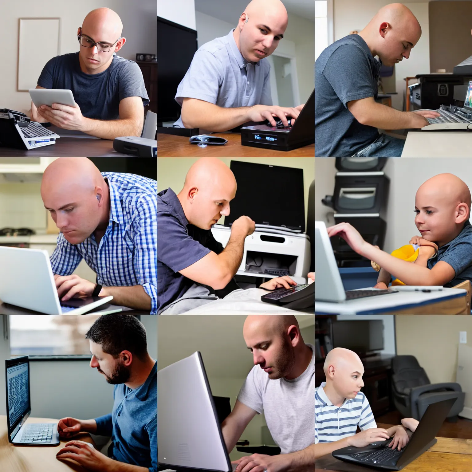 Prompt: an american bald young dad using the computer