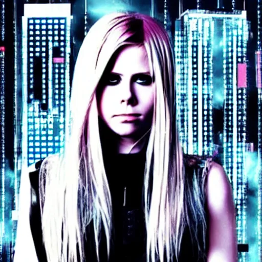 Prompt: Avril Lavigne with short white fringe. grey eyes. Sitting on a rooftop ledge overlooking a cyberpunk city skyline. Album art. In the style of Aeon Flux.