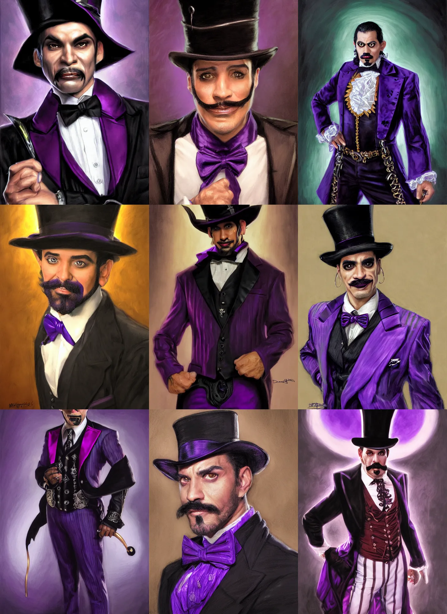 Prompt: portrait, a puerto rican man wearing purple and black ringmaster attire, nefarious smirk, slender, black hair, medieval, black top hat, pencil - thin goatee, villain, style by donato giancola, wayne reynolds, jeff easley dramatic light, high detail, cinematic lighting, artstation, dungeons and dragons