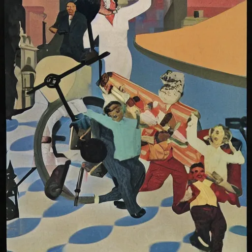 Prompt: 1950 magazine cut out collage of Cristopher Street day, Jugendstil, painted by Neo Rauch,