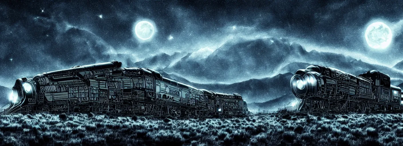 Image similar to long organic alien weird David cronenberg rocket train mountain starry moonlit night sky H.R. Giger, amazing wide landscape digital art 4k