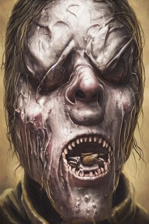 Image similar to high detail fantasy portrait oil painting illustration of slipknot by justin sweet, insane, realistic proportions, d & d, rpg, forgotten realms, artstation trending, high quality, sombre mood, artstation trending, muted colours