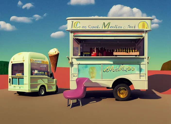 Image similar to an ice cream van that sells snake oil, suburban medicine, painting by René Magritte, Grant Wood, 3D rendering by Beeple