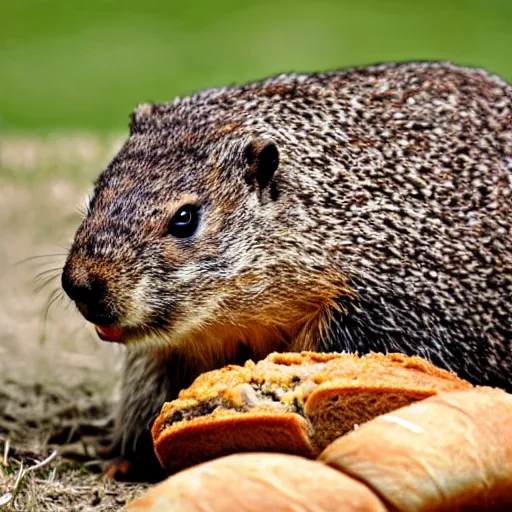 Prompt: a groundhog eating bread