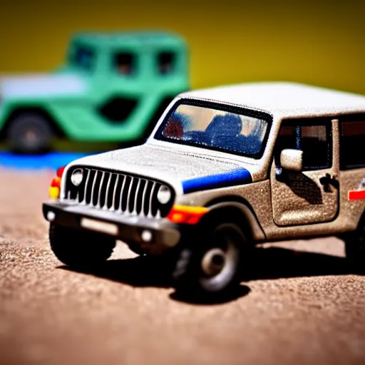 Image similar to COMMANDER, ((jeep)), micro machines, bokeh, macro photography