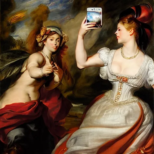 Image similar to heavenly summer sharp land sphere scallop well dressed lady taking a selfie with her iphone auslese, by peter paul rubens and eugene delacroix and karol bak, hyperrealism, digital illustration, fauvist, iphone