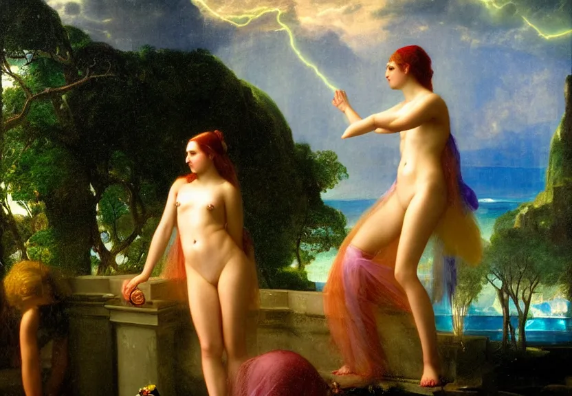 Image similar to Girl at the palace, refracted sparkles, thunderstorm, greek pool, beach and Tropical vegetation on the background major arcana sky, by paul delaroche, hyperrealistic 4k uhd, award-winning, very very very detailed