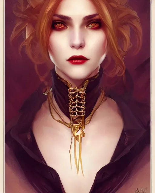 Image similar to female vampire, perfect face, gold corset, cinematic, stunning, highly detailed, digital painting, artstation, smooth, hard focus, illustration, art by artgerm and greg rutkowski and alphonse mucha