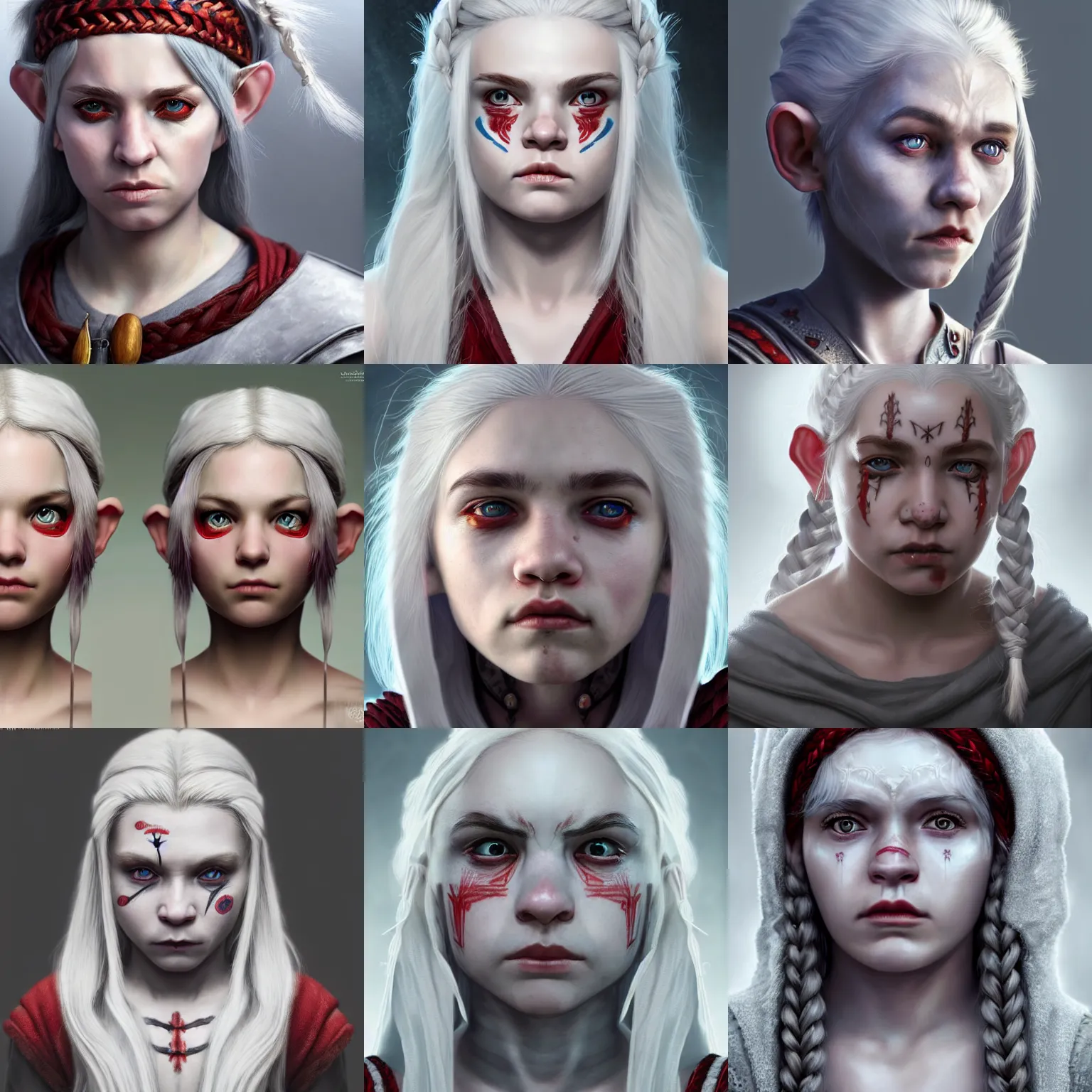 Prompt: realistic portrait of a young female halfling with white - hair!!! and a grey cloak and geometric facial - tattoos, pale - white skin, red - iris, long braided hair, haunted sad expression, artstation, cinematic lighting, hyper - detailed 8 k