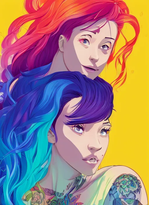 Image similar to a young woman with beautiful rainbow hair and lots of tattoos on her arms and chest. clean cel shaded vector art. shutterstock. behance hd by lois van baarle, artgerm, helen huang, by makoto shinkai and ilya kuvshinov, rossdraws, illustration, art by ilya kuvshinov