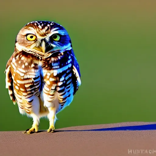 Prompt: a picture of a burrowing owl that didn't sleep standing or perched, he slept in what could be described as a squat with his short stubby tail supporting him and his legs splayed out to the sides