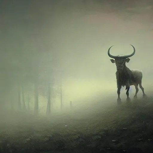 Prompt: a creepy atmospheric painting of a slender humanoid minotaur creature emerging from the mist. painting by greg rutkowski.