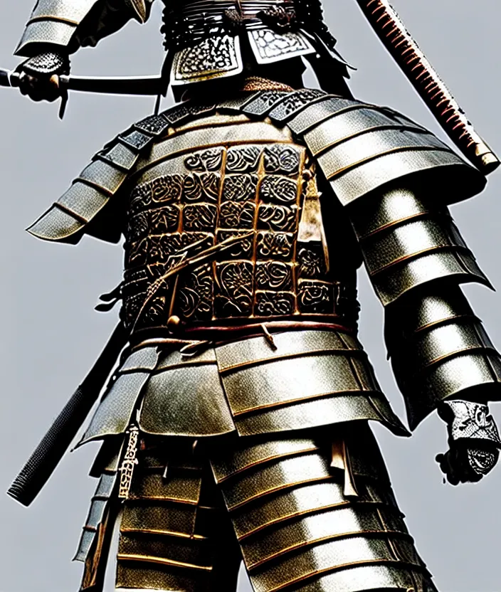 Image similar to detailed photorealistic ancient japanese samurai warrior soldier with traditional japanese engravings and ornamentation on armour and weapons, and shining metallic 3 d surfaces, japanese calligraphy, wide angle, 3 d