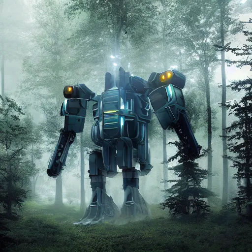 Prompt: futuristic colossal mech fortress travels across a swedish forest in the misty morning very low angle photograph trending on artstation