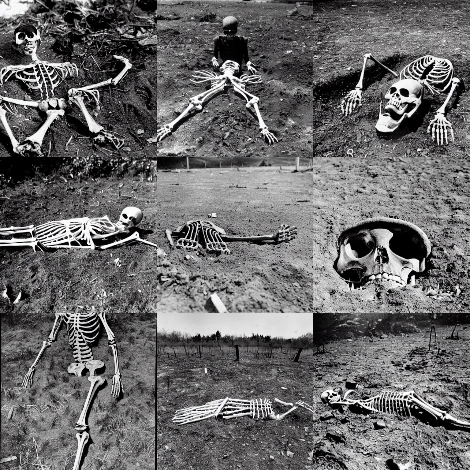 Prompt: 1960s photographic evidence of remains of an alien skeleton partially buried in the ground