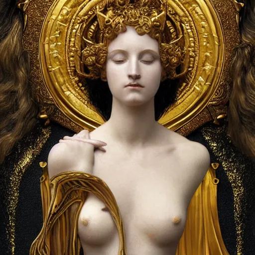 Image similar to sponge sculpture of hel goddess of the death, viking culture, intricate, elegant, digital painting, smooth, sharp focus, shiny gold, realistic gold, realistic metal, by william - adolphe bouguereau and gustav klimt,