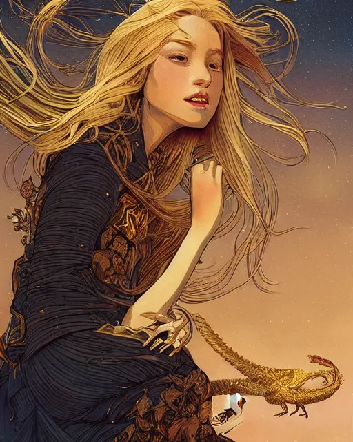 Prompt: a beautiful maiden with golden hair caressing a wyvern, close up, digital art, illustrated by james gurney and victo ngai