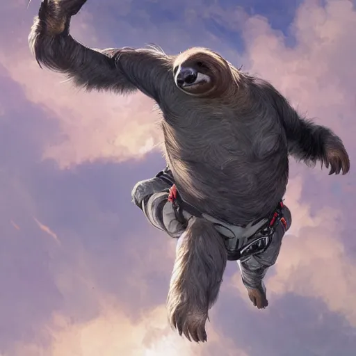 Image similar to detailed science - fiction character portrait of a sloth skydiving, wild, highly detailed, digital painting, artstation, concept art, smooth, sharp focus, illustration, art by artgerm and greg rutkowski and alphonse mucha