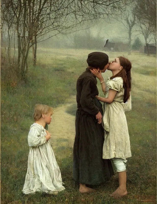 Image similar to peasant boy and girl first kiss, on a village, Cinematic focus, Polaroid photo, vintage, neutral colors, soft lights, foggy, by Steve Hanks, by Serov Valentin, by lisa yuskavage, by Andrei Tarkovsky oil on canvas