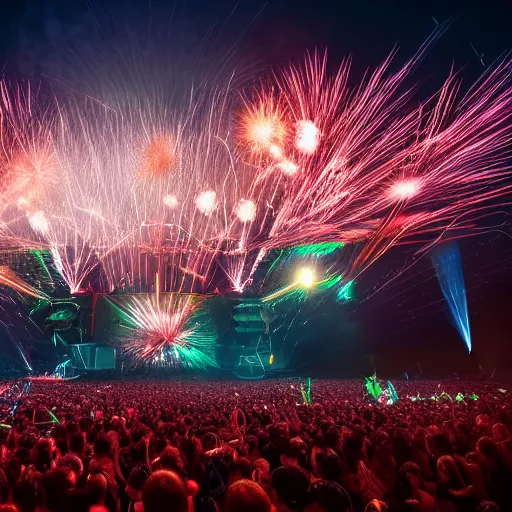 Image similar to outdoor epic festifal mainstage trash hybrid defqon 1 festival light beam lasers, firework, flamethrower, co2, crowd, octane render, 3d, unreal engine, highly detailed, 4k, 8k, HD