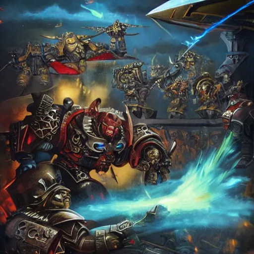 Image similar to Epic battle between Astartes and orcs in the world of Warhammer 40,000, retro futurism style